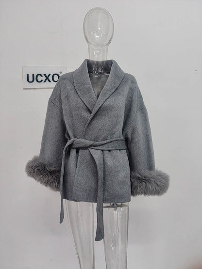 Women Overcoats Fur Patchwork Long Sleeve Woolen Coat