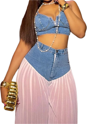 2 Piece Sets Women Sexy Denim Camisole Pleated Wide Leg Pants + Vest Floor Length Suit Summer