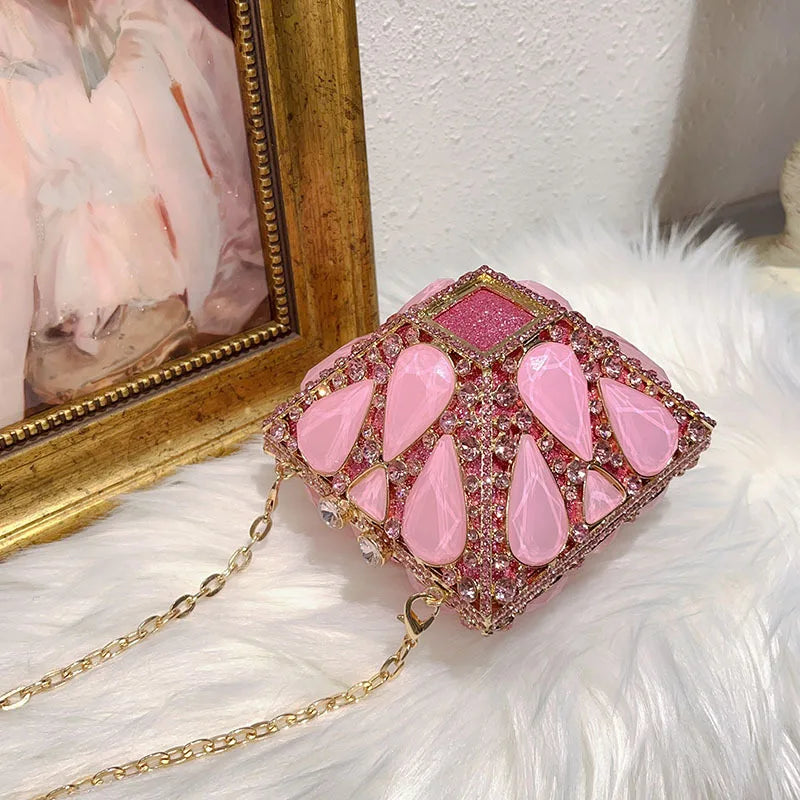 Luxury Glitter Metal Box Women Handbag Crystal Clutch Purse