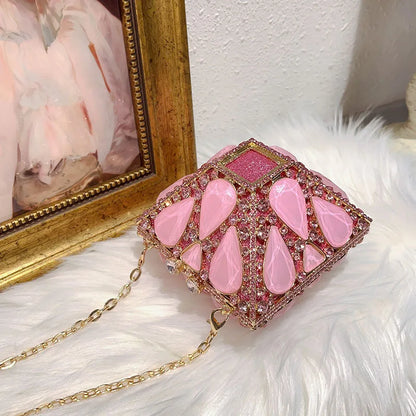 Luxury Glitter Metal Box Women Handbag Crystal Clutch Purse
