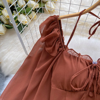 Flare Sleeve Women Top Ruffle Solid Elastic Waist Halter Backless Chiffon Blouse