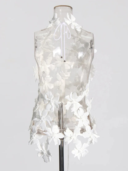 Spliced 3D Flower Cutout Sexy Vest for Women Halter Sleeveless Backless Off Shoulder Patchwork Lace Up Top