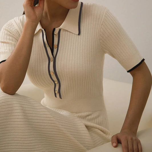 Women's White Knit Midi Dress, Short Sleeve, Patchwork, Elegant Sweater Dress