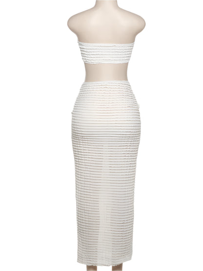 Stacked Folds Two Piece Set Women Solid Thin Strapless Chest Tops+ Slim Skirts Female Vacation Outfit