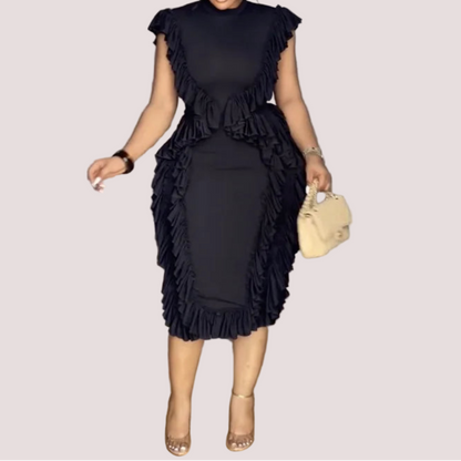 Elegant Black Dress Sleeveless Bodycon Round Neck Casual Vintage Midi Dress
