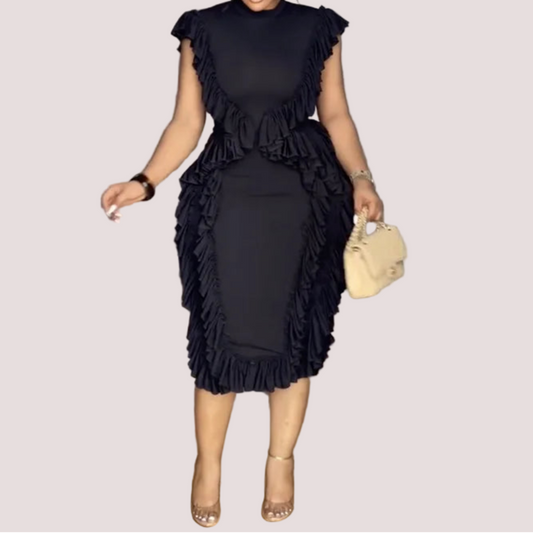 Elegant Black Dress Sleeveless Bodycon Round Neck Casual Vintage Midi Dress