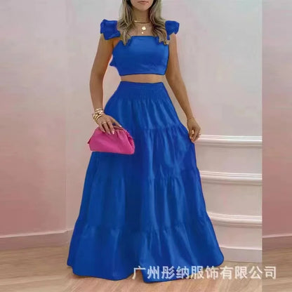 Y2k Two Piece Set Elegant Sexy Collage Sleeveless Top and Maxi Skirt Set