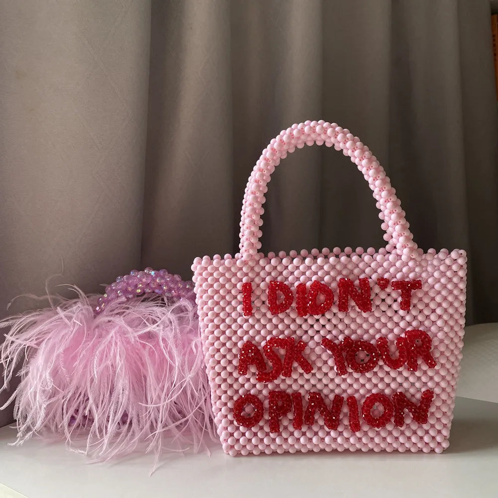 Pearl Bead Bag With Feather Fur Designer Brand Clear Acrylic Crystal Handbag Handmade