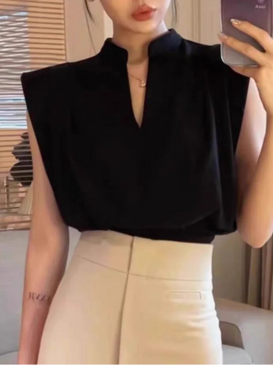 Women Blouses V-neck Sleeveless Shirts Temperament Solid Color Crop Top
