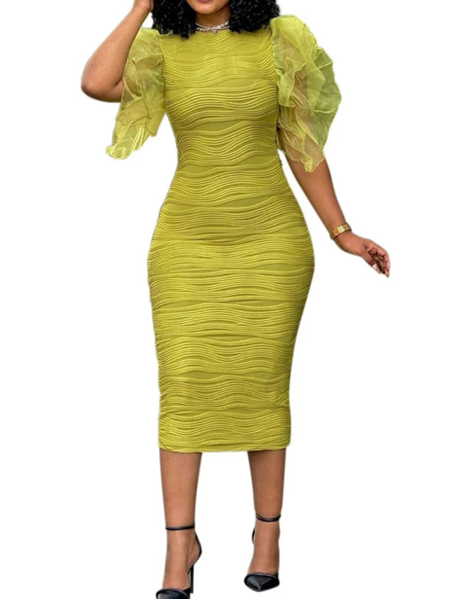 Women O Neck Ruffle Sleeves Package Hips Bodycon Dress Pencil Evening Birthday Dress