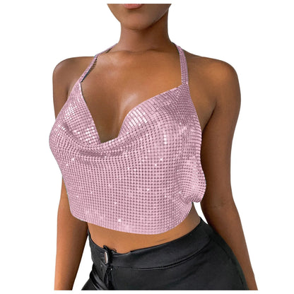 Sexy Sequins Metal Crop Tops Women Suspenders Halter Backless Night Club Tank Top