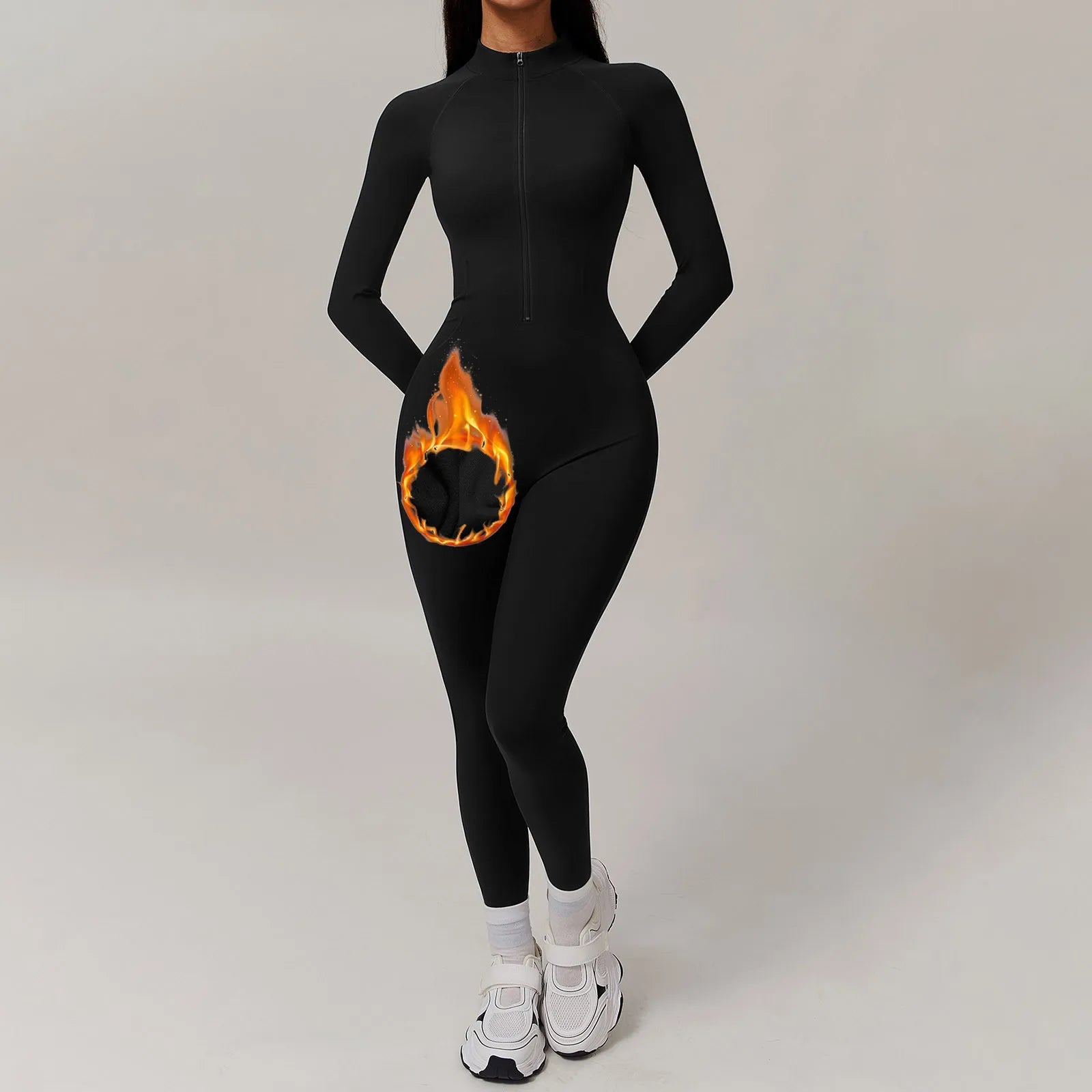 Fleece Lined Bodysuit Solid Color Long Sleeve Plush Fitness Yoga Jumpsuits Seamless Slim One-Piece Zipper Overalls