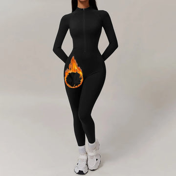 Fleece Lined Bodysuit Solid Color Long Sleeve Plush Fitness Yoga Jumpsuits Seamless Slim One-Piece Zipper Overalls
