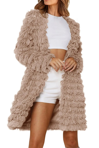 Long Sleeve Faux Fur Jackets Open Front Long Cardigan Coat Outerwear