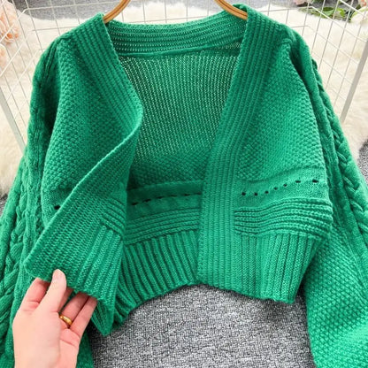 Green Casual Acrylic Knit V-Neck Lantern Long Sleeve Lace Up Women's Cardigan
