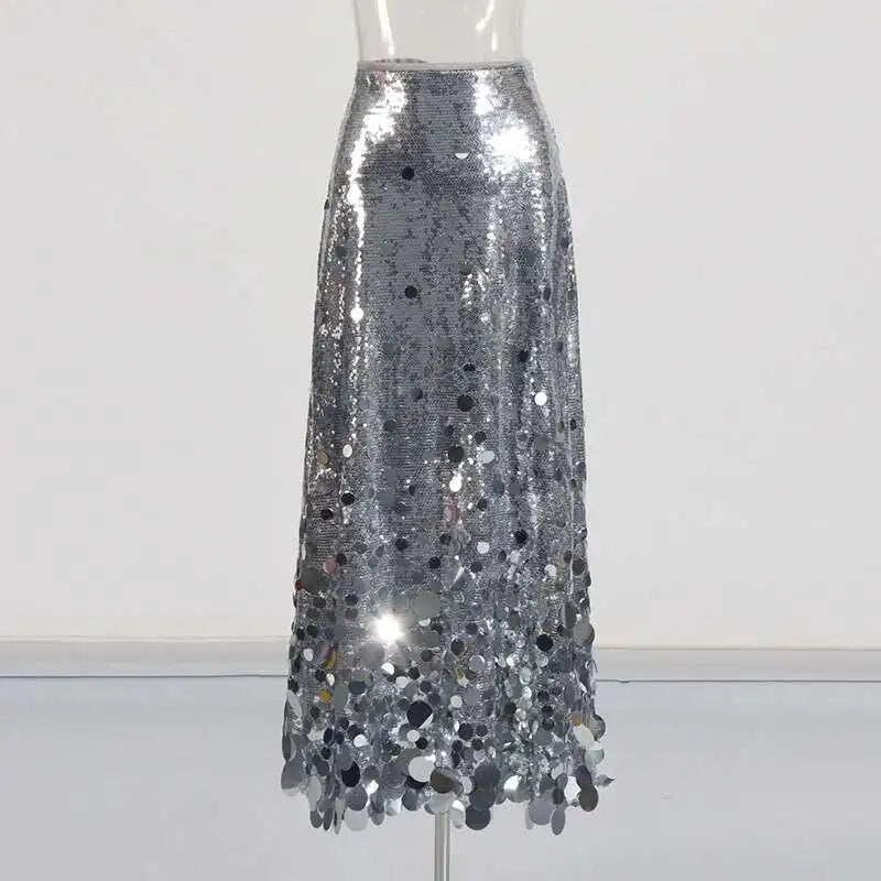 Solid Patchwork Sequins Chic Skirts For Women High Waist Zipper A Line Skirts