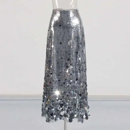 Solid Patchwork Sequins Chic Skirts For Women High Waist Zipper A Line Skirts