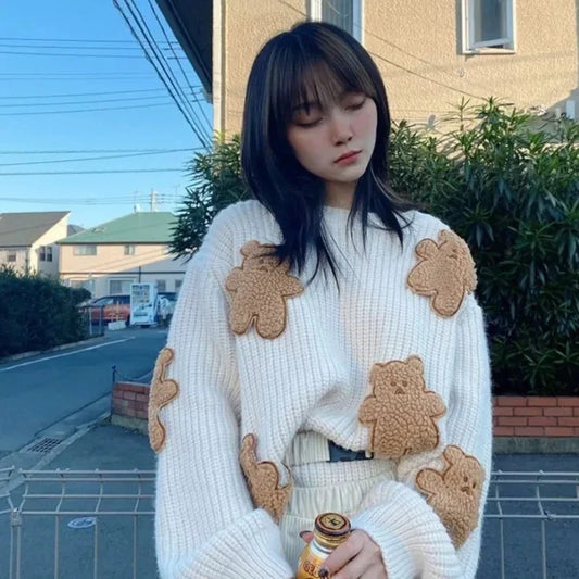 Sweet Cartoon Bear Sweater Women Cute Knitted Pullover Oversized Knitwear