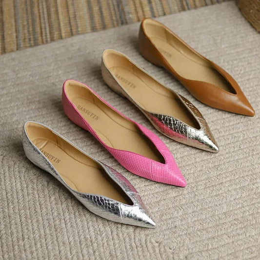 French Pointed Leather Shoe Simple Comfort Sheepskin Elegant Low Heel Shoes