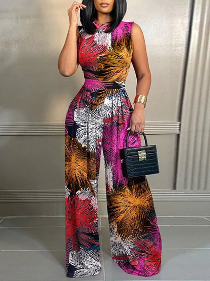 Elegant Women Stand Neck Wide Leg Rompers Casual Waist Jumpsuits Streetwear
