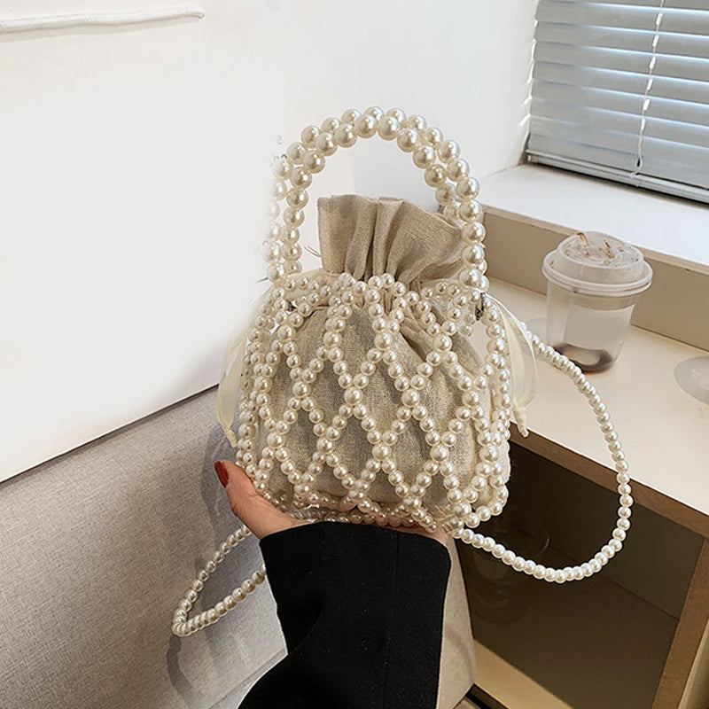 Luxury Pearl Women Bucket Tote Bag Woven Pearl Crossbody Bags for Women Small Wallet