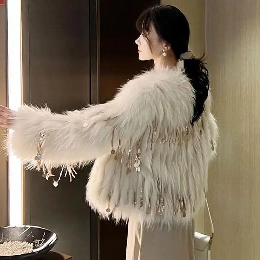Faux Fur Grass Sequined Tassels Coat Women's Short Beaded Fringed Bomber Jacket