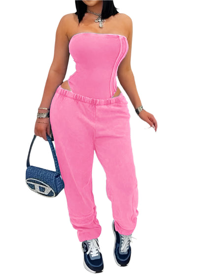 Sexy Washed Strapless Bodysuit and Jogger Pants Set for Women Trendy Two Piece Jogging Suit Sets