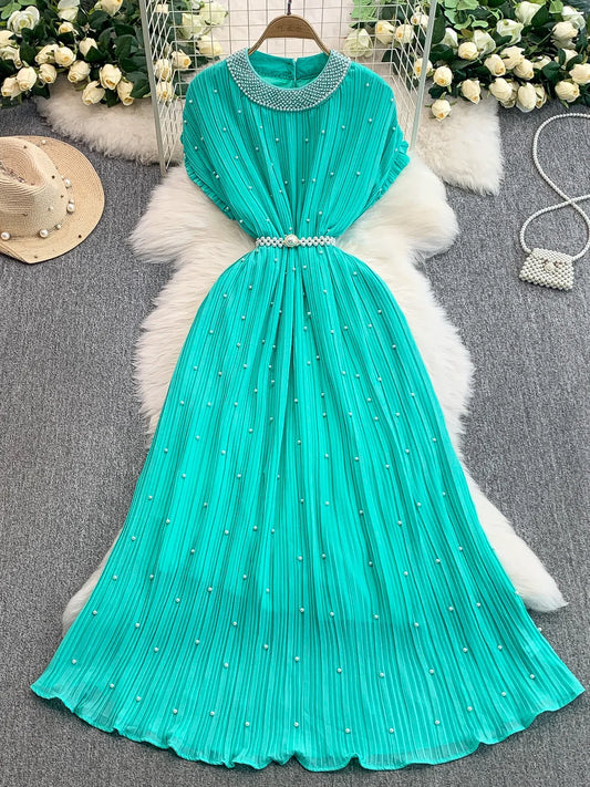 Summer Luxury Pearls Long Chiffon Dress For Women Loose Big Size Short Sleeve Crystal Birthday Evening Midi Pleated Dresses