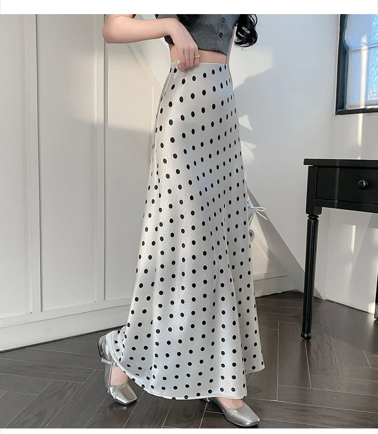 Polka Dot Satin Skirt Women's High Waist Versatile Elegant Dot Long Skirt