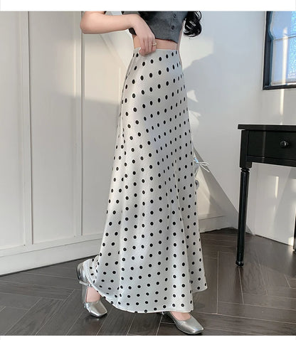Polka Dot Satin Skirt Women's High Waist Versatile Elegant Dot Long Skirt