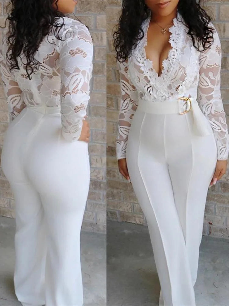 White Jumpsuit Women Overalls Elegant Lace One Piece Jumpsuit