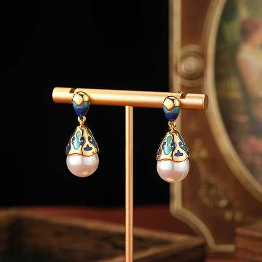 Grid Enamel Earrings Simulated Pearl Dropping Oil Retro Style Earrings for Women