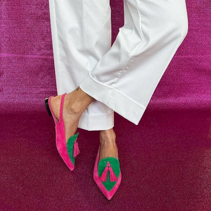 Color Block Women's Flat Shoes Pointed Tassel Low Heel Back Air Sandals