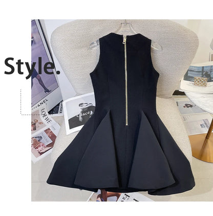 French Elegant Sleeveless A-Line Tunic Blouse Black Classic Gold Button