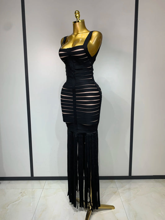 Women Sleeveless Square Collar Black Tassel Long Bandage Maxi Dress