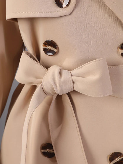 Women Khaki Pleated Elegant Trench New Lapel Long Sleeve Windbreaker Trench Coat