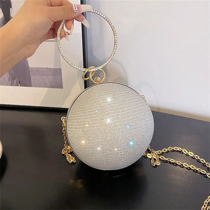 Gold Bright Silk Circular Evening Bag Women Banquet Clutch Rhinestone Chain Shoulder Bags
