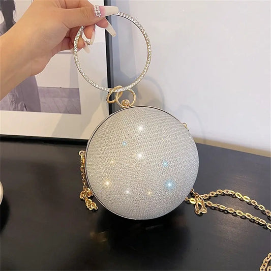 Gold Bright Silk Circular Evening Bag Women Banquet Clutch Rhinestone Chain Shoulder Bags