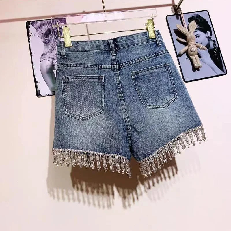 Rhinestones Fringed High Waist Hot Drilling Denim Shorts Diamonds Tassels Jeans Short
