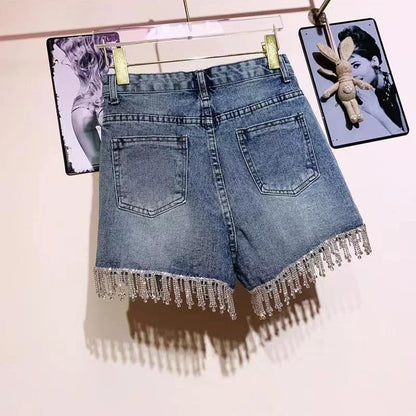 Rhinestones Fringed High Waist Hot Drilling Denim Shorts Diamonds Tassels Jeans Short