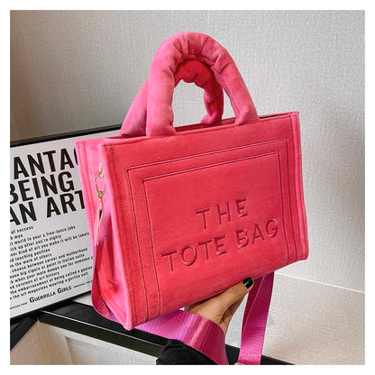 Women's Khaki Velour Tote Bag Original Letter Print Shopper Handbag