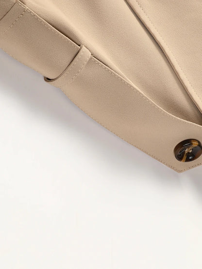 Women Khaki Pleated Elegant Trench New Lapel Long Sleeve Windbreaker Trench Coat