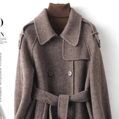 Woolen Coat New British style POLO collar Lace up Double breasted Coat
