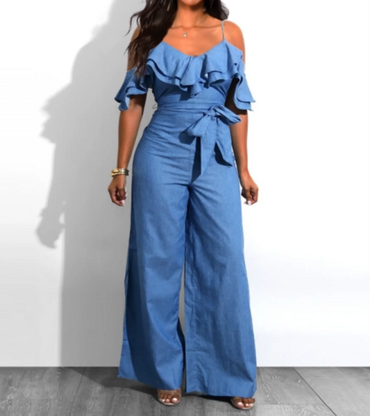 Women's Sexy Denim Jumpsuit, Ruffled Straps Romper with Belt, Loose Fit Long Pants Jumpsuit