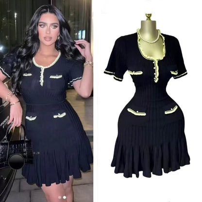 Chic Knitted Mini Dress Elegant Black Ruffled Party Dress