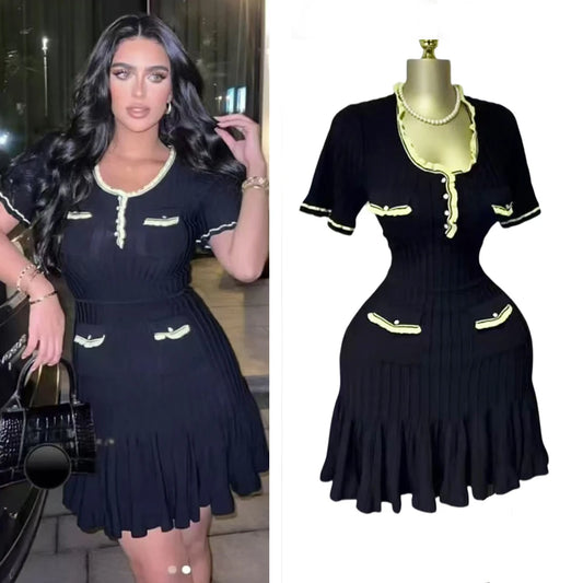Chic Knitted Mini Dress Elegant Black Ruffled Party Dress