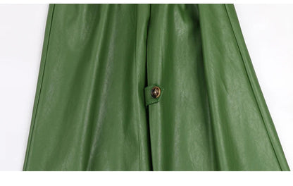 Long Green Pu Leather Trench Coat for Women with Back Slit Sashes Single Breasted