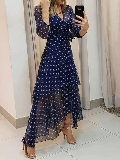 Polkadot Print Layered Ruffles Maxi Dress Elegant Maxi Dress for Women
