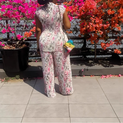 Women Set Floral Print Short Sleeve Pleated T-Shirt + Wide Leg Pants Two 2Piece Sets