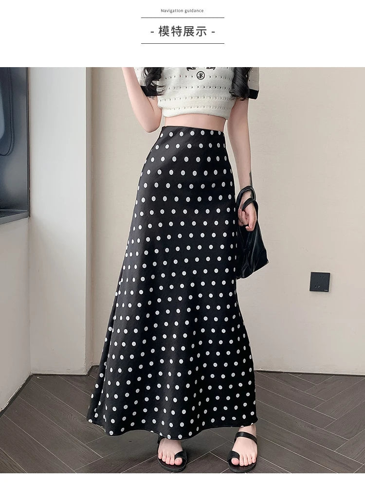 Polka Dot Satin Skirt Women's High Waist Versatile Elegant Dot Long Skirt